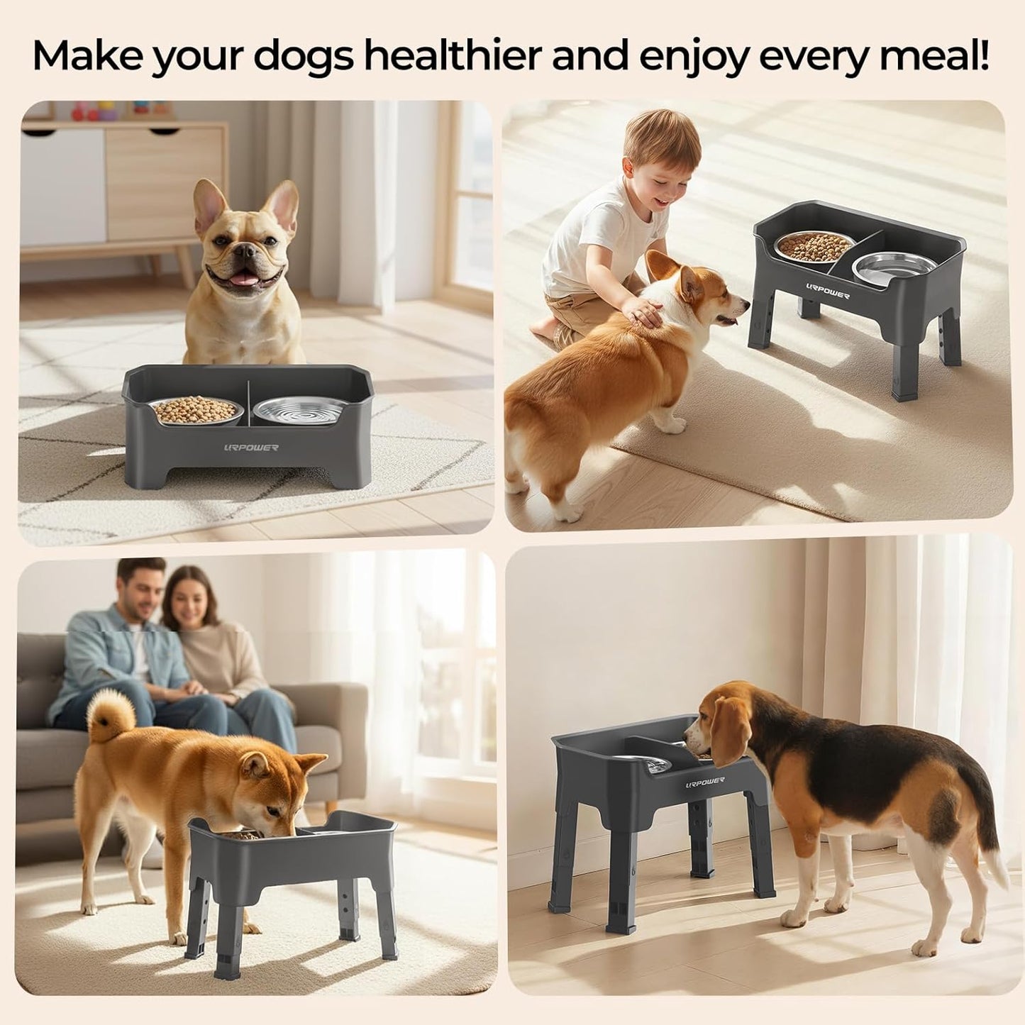 URPOWER 3-in-1 Elevated Dog Bowls - Mess Proof Double Deck 4 Height Adjustable Raised Stand with 2 Stainless Steel Food Bowls & Licking Plate for Small, Medium & Large Dogs