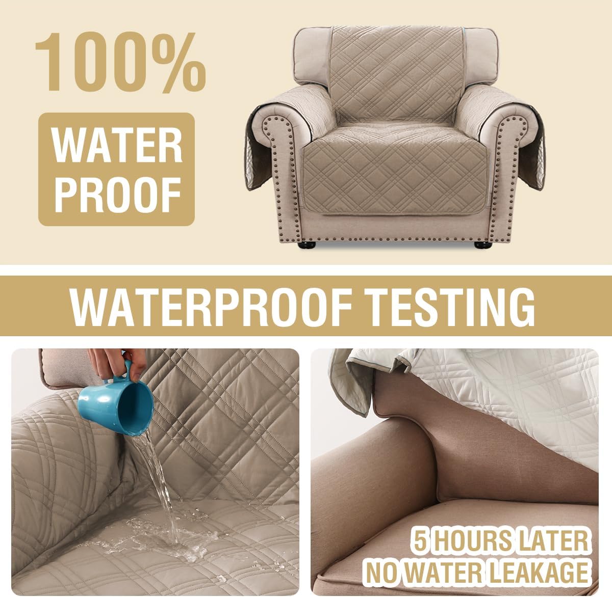 H.VERSAILTEX 100% Waterproof Slipcovers for Couches and Sofas Modern Pet Couch Cover Thick Soft Furniture Protector with Elastic Straps(Sofa, Lily Pad/Beige)