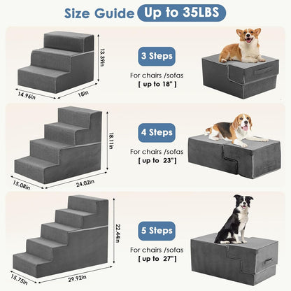 DUMOS Dog Stairs for Small and Medium Dogs, 3-Step Pet Steps with High-Density Foam, Indoor Non-Slip Pet Ramp for Puppy and Older Dogs Cats, Dog Bed Stairs for Couch and Sofa, Grey