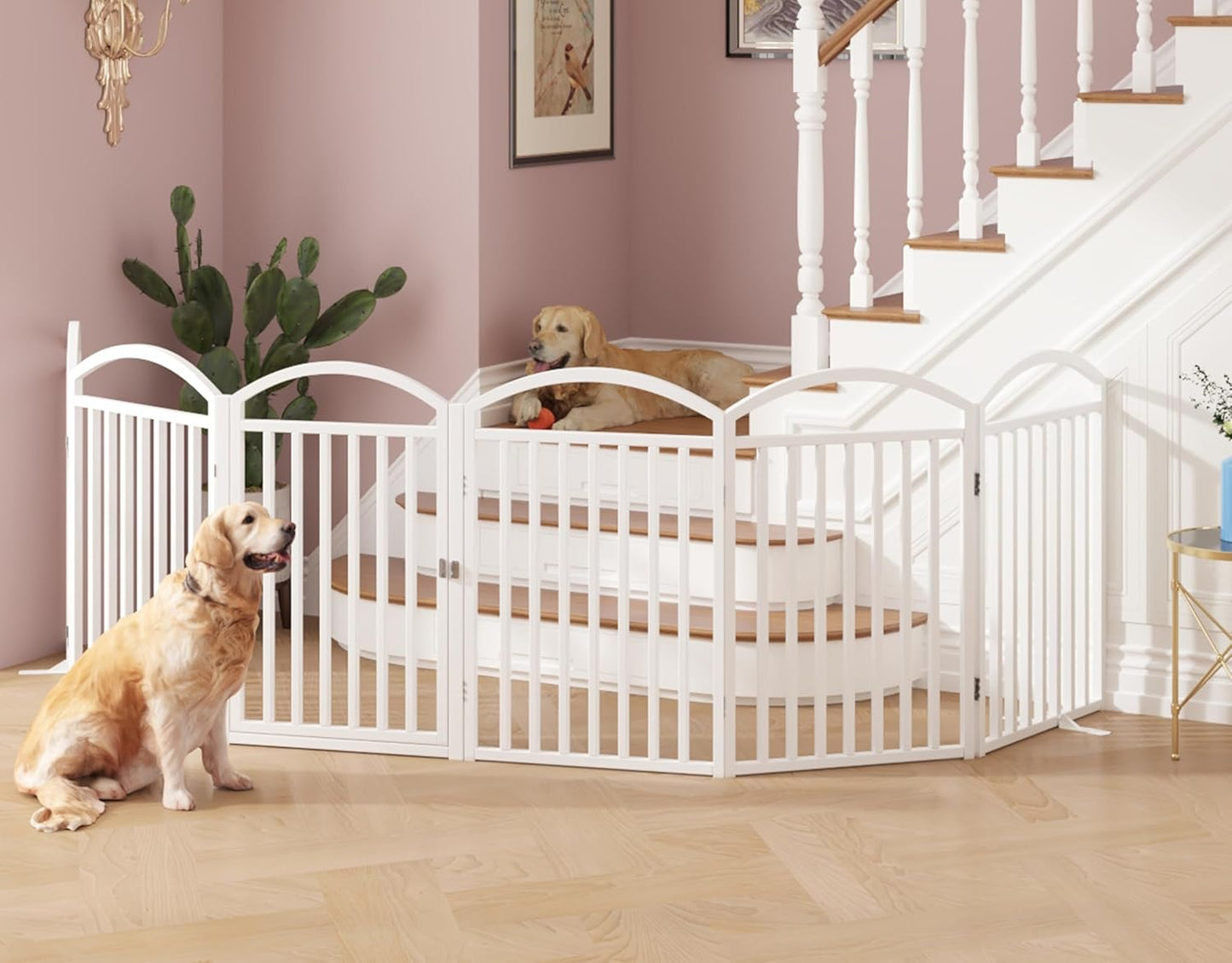 Folding No-Assembly Freestanding Dog Gate with Door,32" Heights Foldable Pet Fence,144" Extra Wide Accordion Puppy Folding Playpen for Doorways,House,Stairs (6 Panels,White)