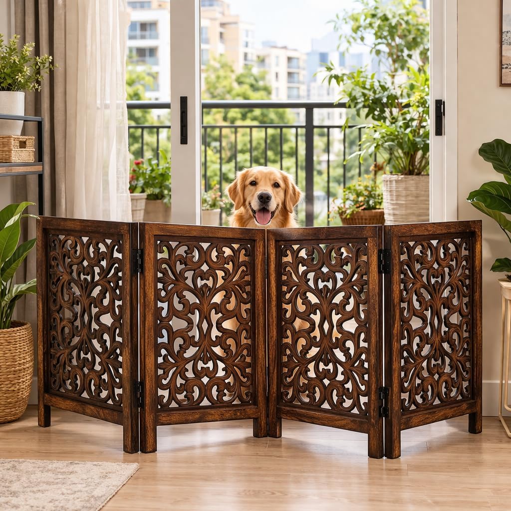 Freestanding Pet Gate for Dogs, Foldable Wooden Dog Gate for House, Indoor Dog Gate for Stair, Doorway, House Design Gates for Dogs Indoor, 72 Inch Wide, (18" x4 Panels 72 inch), Burnt Finish