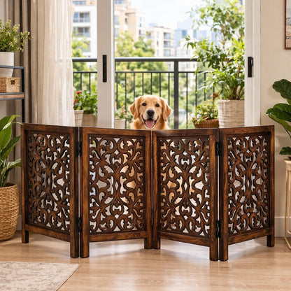 Freestanding Pet Gate for Dogs, Foldable Wooden Dog Gate for House, Indoor Dog Gate for Stair, Doorway, House Design Gates for Dogs Indoor, 72 Inch Wide, (18" x4 Panels 72 inch), Burnt Finish