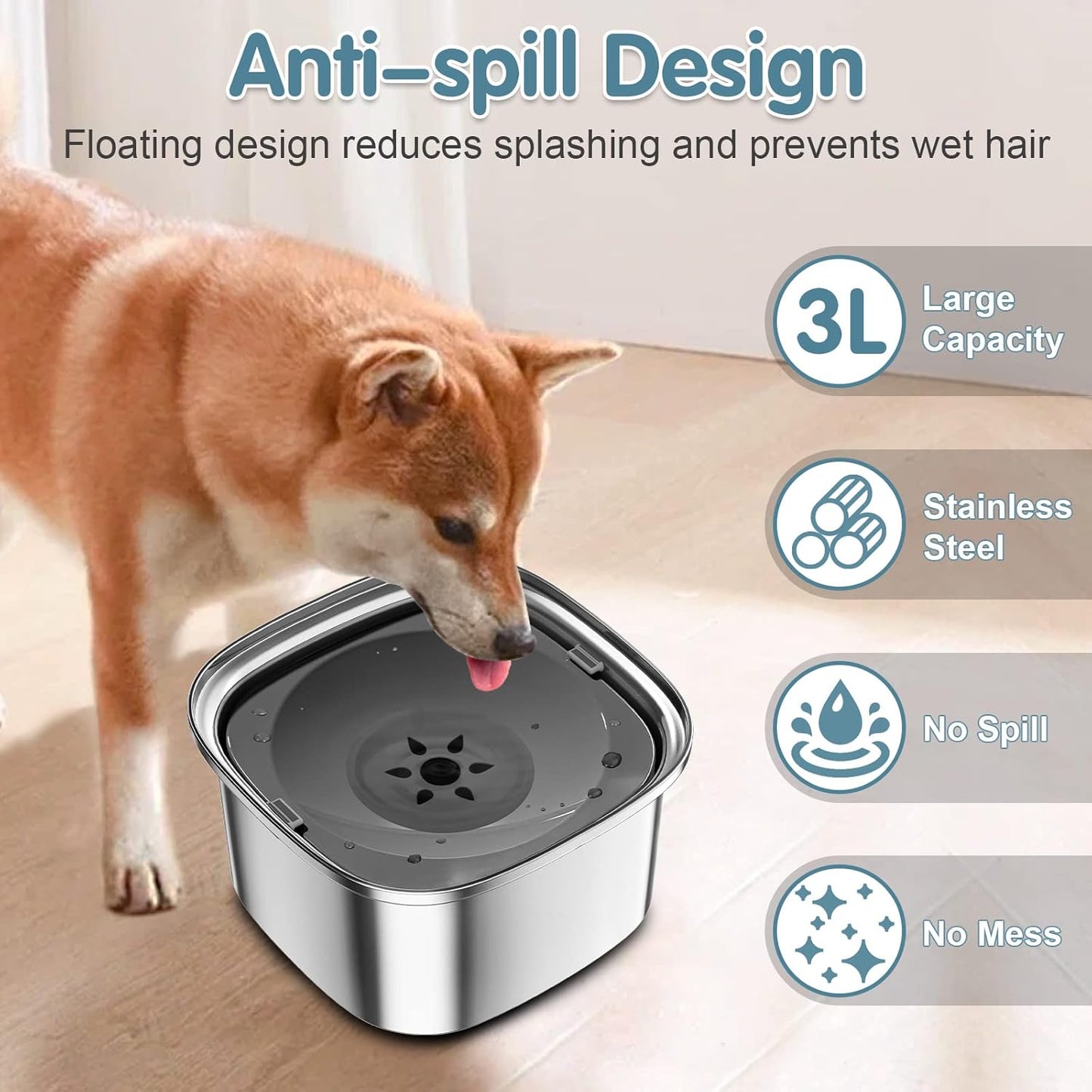 UPSKY 3L Dog Water Bowl 101oz Stainless Steel No Spill Large Capacity Dog Food Water Bowl Slow Water Feeder, Spill Proof Pet Water Dispenser Vehicle Carried Travel Water Bowl