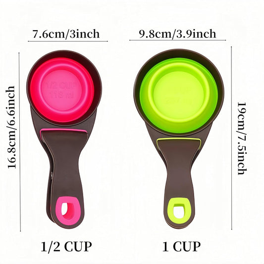 2 PCS Collapsible Pet Scoop Set,1 Cup & 1/2 Cup Capacity Silicone Measuring Cups with Sealing Clip,Multi-Function Scoop Bowls Bag Clip for Dog Cat Food Water.(Green,Pink)