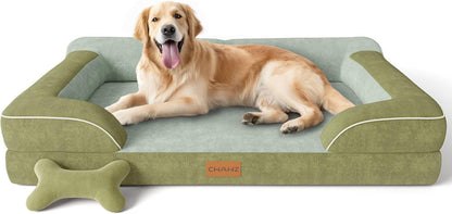 CWAWZ Extra Large Dog Bed, Orthopedic Dog Bed with Cooling Gel Memory Foam, Waterproof XL Pet Bed with Removable Washable Cover, 42" Pet Sofa Couch Dutch Velvet with Bone Toy, Light Gray