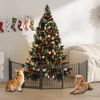 SNUOWU Full Metal Freestanding Dog Gate with Door, 32''Height Foldable Pet Dog Fence for Indoor & Outdoor, 4 Panels Extra Wide Free Standing TallDog Gates for Doorways,House,Stairs,Porch,Deck,Yard