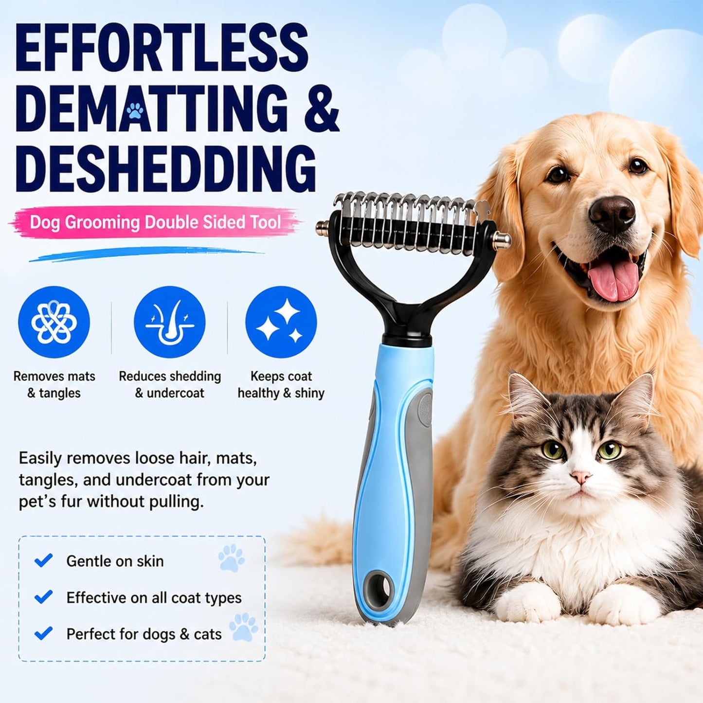 Vivanchor Pet Pro, Dual-Sided Pet Dematting Comb for Dogs & Cats, Grooming Comb for Dogs, Pet Deshedding Brush, Brush Micro Scratching For Removing Loose Hair, Mats, Tangles & Undercoat (Blue)