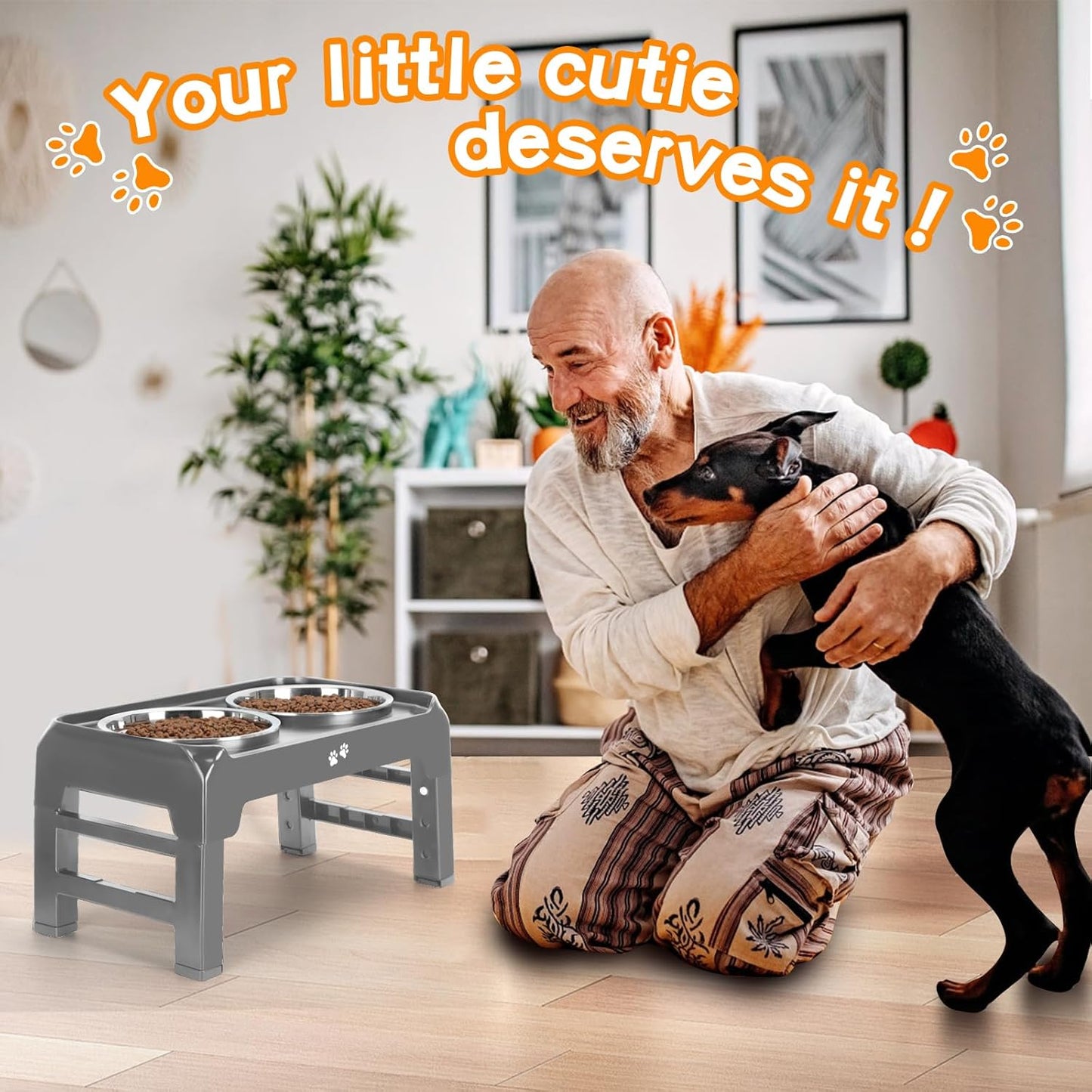 COMESOON Elevated Dog Bowls, 4 Height Adjustable Raised Bowl Stand with 2 Thick 50oz Stainless Steel Food Bowls Non-Slip Feeder Adjusts to 3.7'', 9.2'', 10.75'', 12.36'' Black, (DB-W01)