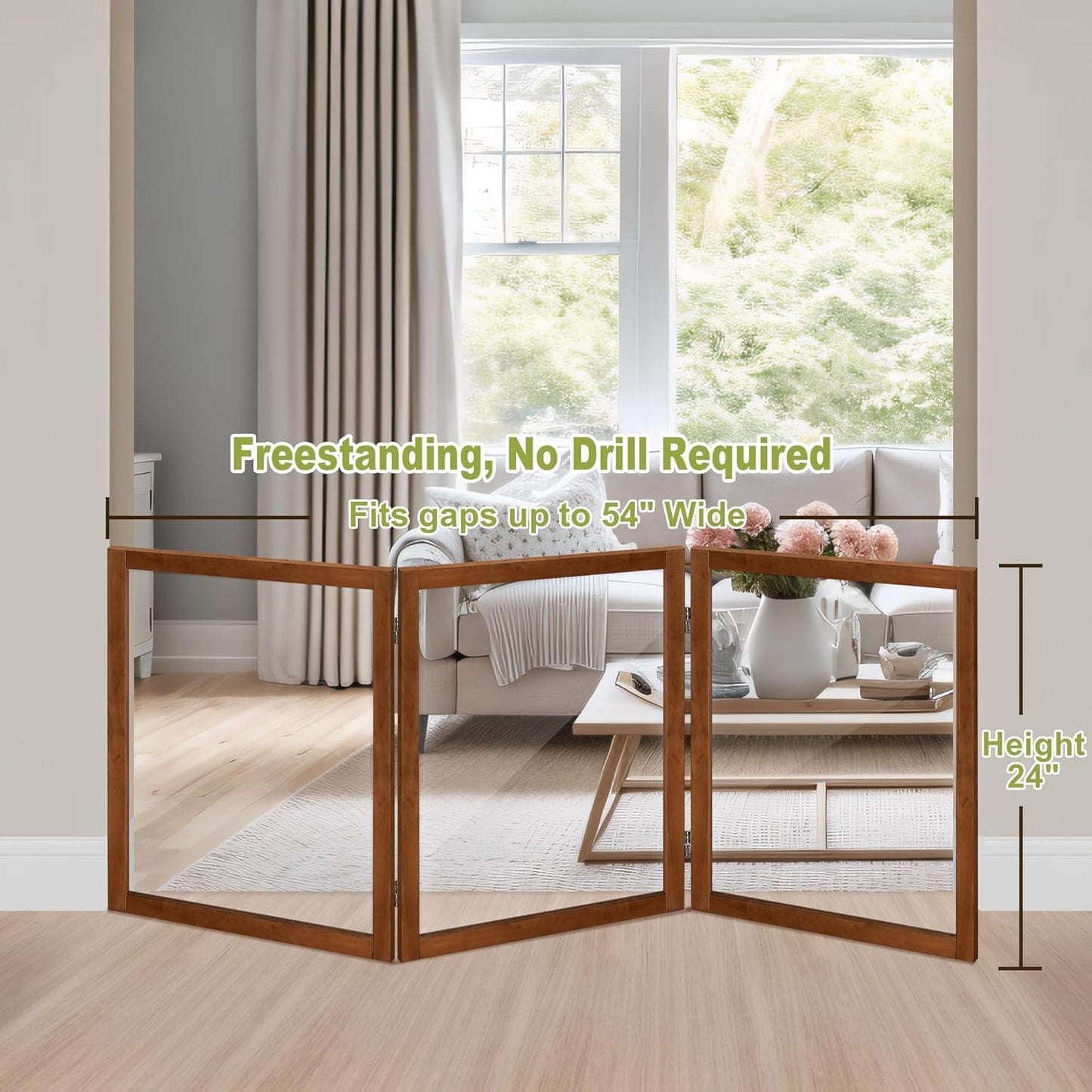 LZRS Clear Dog Gate for Indoor Use - Transparent Pet Fence with Solid Hardwood and Plastic Board, Stylish & Durable freestanding Pet Gate for Doorways, Stairs and Hallways-2 Panel Cherry