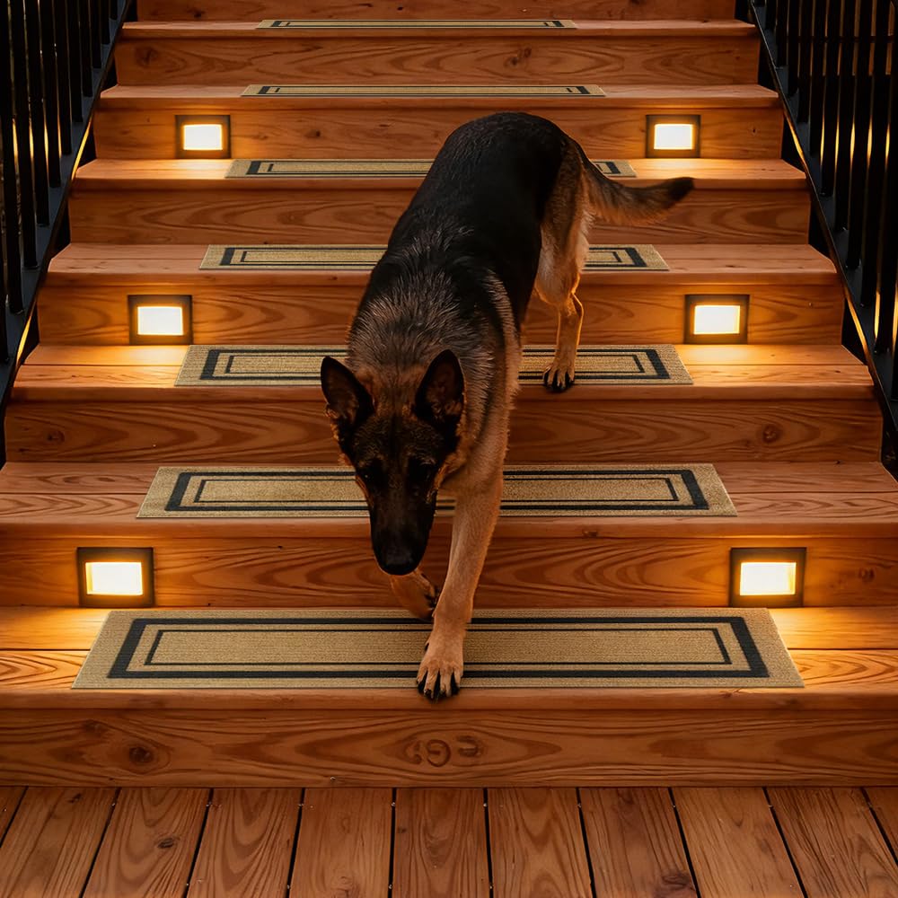 Outdoor Stair Treads for Wooden Steps, Non-Slip Rubber Brown Stair Runner Rugs, 6 Pcs 8.5" x 30" Heavy Duty Stair Mats for Outside Steps, Weatherproof Grip for Elders, Dogs & Kids, Black Border.