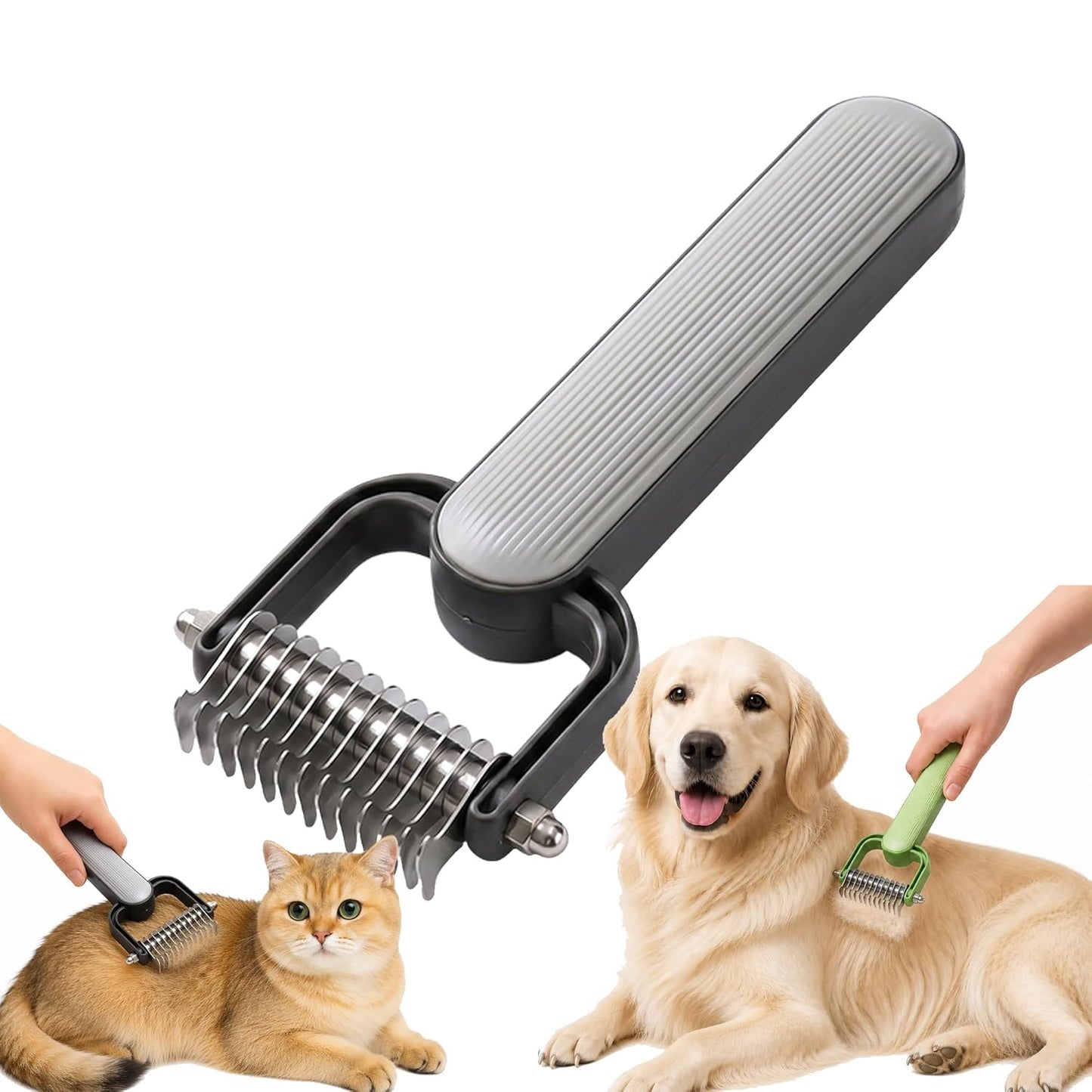 Double Sided Dematting Comb for Dogs and Cats – Undercoat Rake Pet Grooming Tool for Shedding, Tangles & Matted Fur, Stainless Steel Deshedding Brush for Long Haired & Thick Coat Pets (Green & Gray)