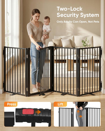 Full Metal Free Standing Dog Gate with Door for Indoor & Outdoor,80'' Extra Wide 32'' Tall Dog Gate for The Doorways,Large Openings,Decks,Porch,Pet Freestanding Safety Fence(4 Panels,Black)