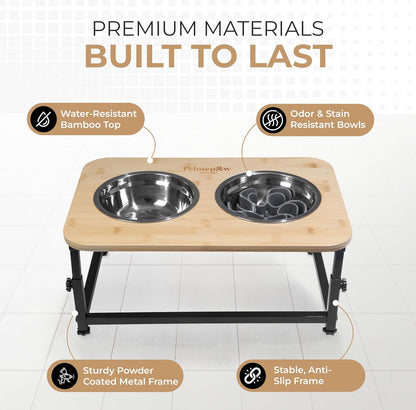 Adjustable Raised Dog Bowls – Elevated Dog Bowl Stand with Bamboo Stand, 2 Stainless Steel Bowls, Slow Feeder Insert & Silicone Mat – Dog Bowls with Stand for Small & Medium Dogs