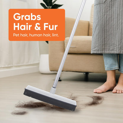 Rubber Bristle Broom for Floors Salon Broom, Rubber Squeegee Broom, Rug Broom, Rubber Rake for Human Hair, Pet Hair, Fur, Lint, Liquid, with 3-Part Handle, Grey
