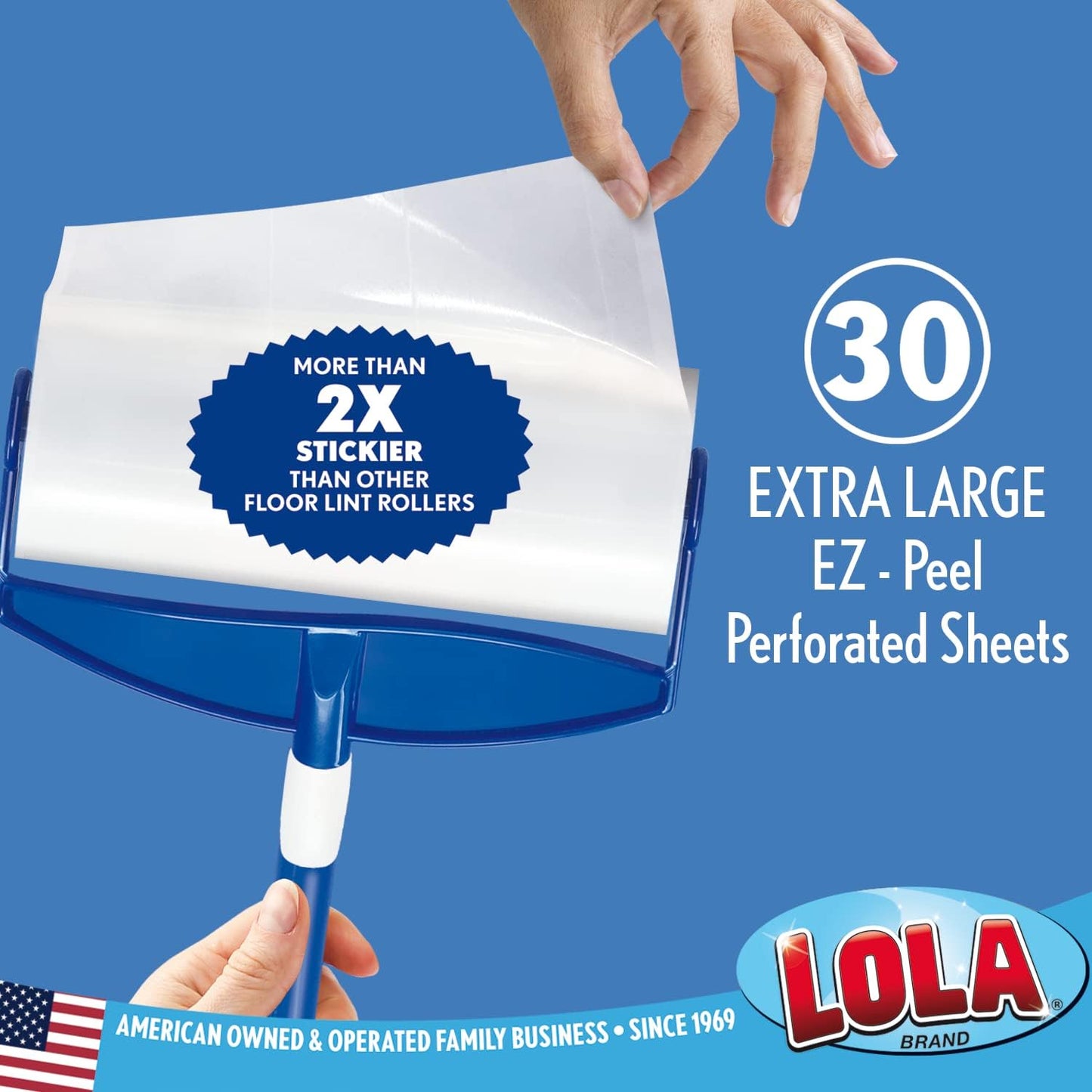 LOLA Rola PET Hair Remover Sticky Mop, Giant Floor Lint Roller, 9" x 3.5", Aluminum Handle, Largest Head, Traps Hair, Dust, Dirt, Extra Sticky Sheets