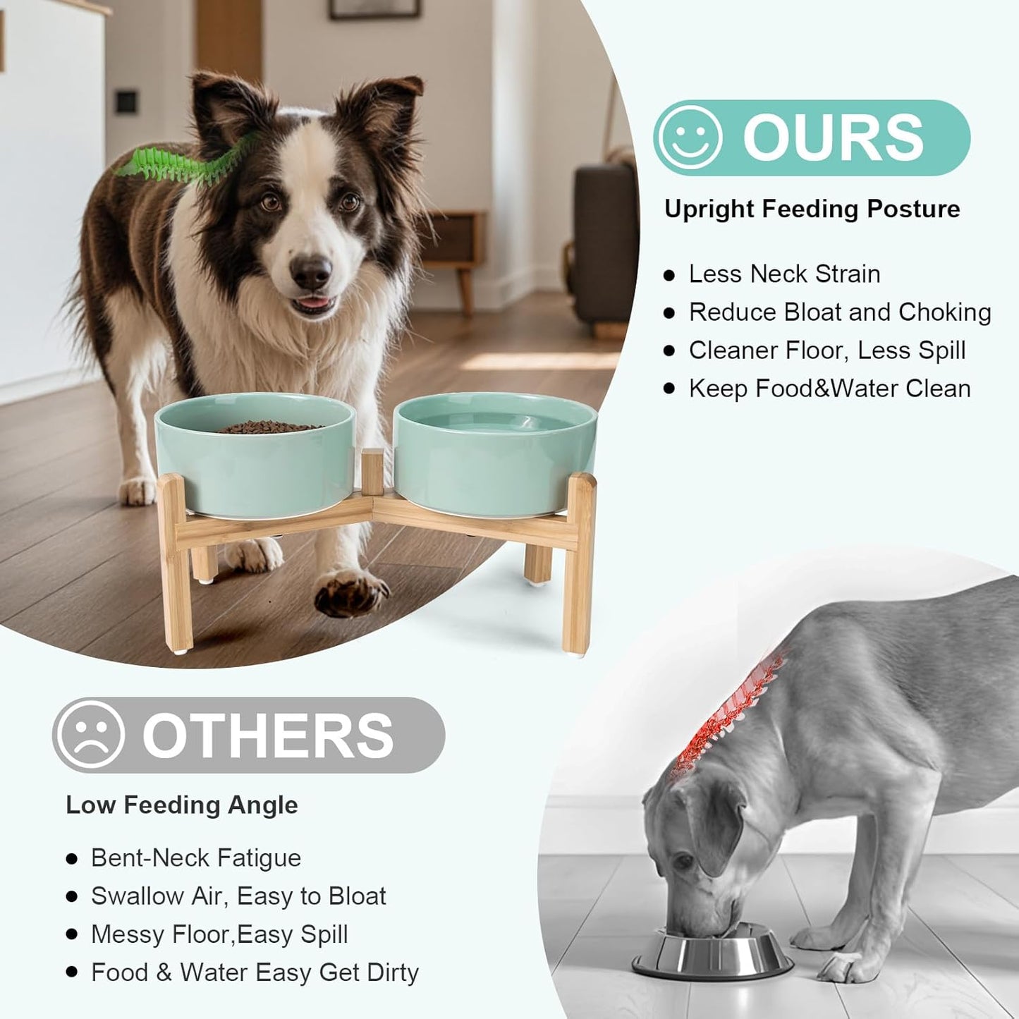 SPUNKYJUNKY Elevated Dog Bowls Ceramic, 6.1'' Dogs and Cat Food Water Bowls Raised with Non-Slip Bamboo Stand for Medium Sized Breed Microwave Dishwasher Safe - 28.7 OZ,Beige
