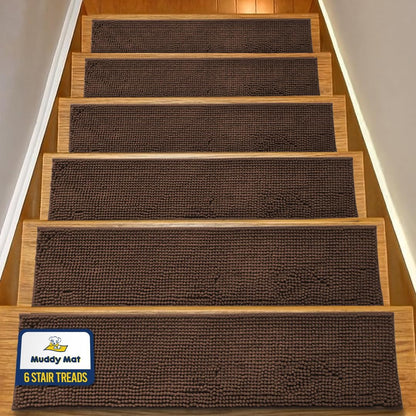 Muddy Mat® Pack of 4 - Soft Chenille Stair Treads Non-Slip Reusable, Super Absorbent Stair Treads for Wooden Steps, Tile & Marble Floor, Easy to Install & Machine Washable - Grey 30'' x 7''