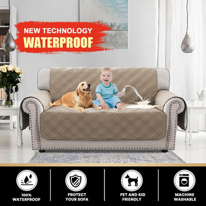 PrinceDeco 100% Waterproof Couch Cover for 3 Cushion Couch Sofa Pet Friendly Non-Slip Couch Cover for Dogs Washable Water Resistant Furniture Protector with Elastic Straps(Sofa 68", French Oak)