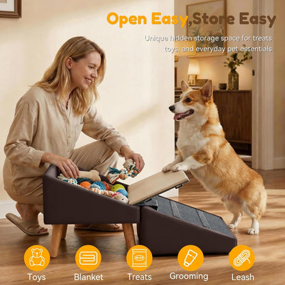 Dog Ramp for Small Dogs, 15.7" H 3-in-1 18.5" Extra Wide Foldable Ottoman & Hidden Storage Design Dog Stairs for Couch Sofa, Non-Slip Pet Steps for Puppy Senior Injured Dogs (White)