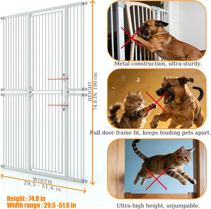 74.8" Extra Tall Pet Gate for Cat, 29.5"-36" Extra Wide Cat Gate with 8 Pressure Bolts, NO Drilling Pressure Mounted Tall Dog Gate Indoor, (White)