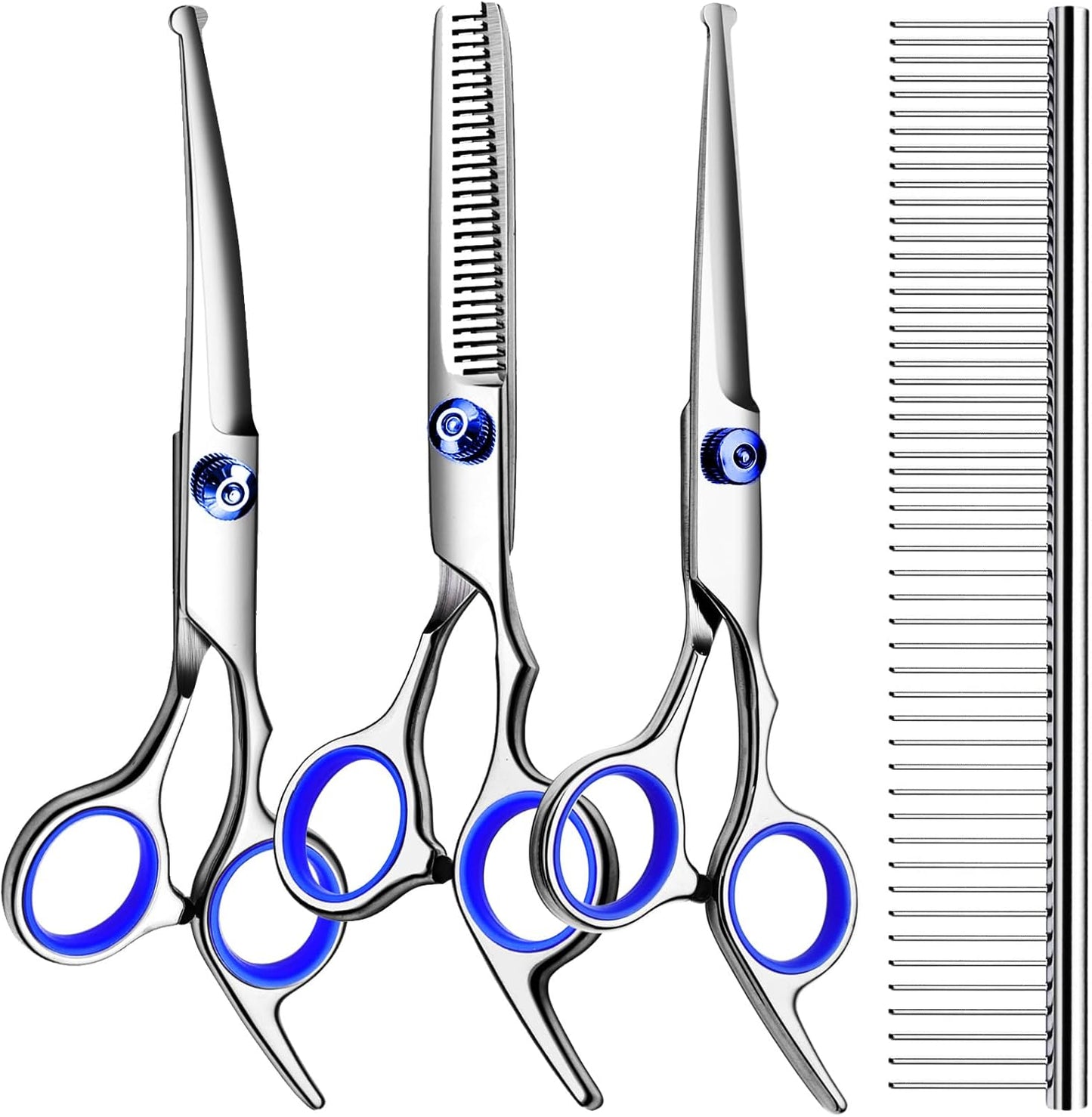 TINMARDA Dog Grooming Kit, Professional Stainless Steel Dog Grooming Scissors with Curved Shears, Pink Finger Rings - 4 Piece Sharp Durable Pet Shears for Dogs Cats At Home Salon-Quality Grooming