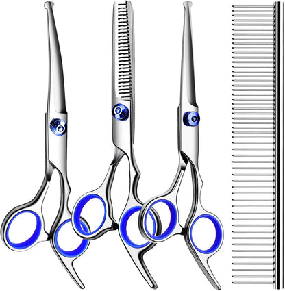 TINMARDA Dog Grooming Kit, Professional Stainless Steel Dog Grooming Scissors with Curved Shears, Pink Finger Rings - 4 Piece Sharp Durable Pet Shears for Dogs Cats At Home Salon-Quality Grooming