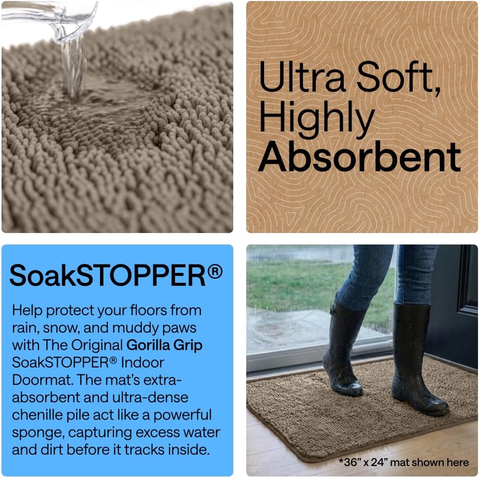 GORILLA GRIP SoakSTOPPER Dog Door Mat, 30x20 Machine Washable Rug Absorbent Doormat Captures Moisture Mud Dirt, Quick Dry Soft Chenille Entryway Rugs Indoor Entrance Mats for Dog Paws, Paw Grey
