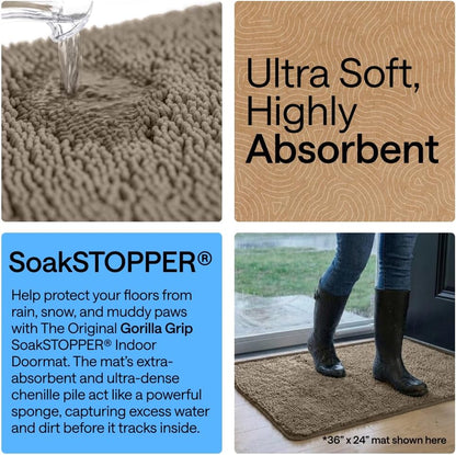GORILLA GRIP SoakSTOPPER Dog Door Mat, 30x20 Machine Washable Rug Absorbent Doormat Captures Moisture Mud Dirt, Quick Dry Soft Chenille Entryway Rugs Indoor Entrance Mats for Dog Paws, Paw Grey