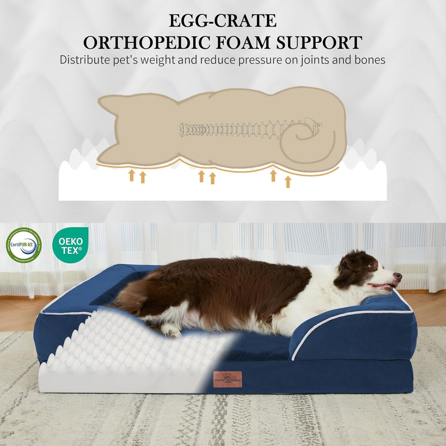 Comfort Expression Orthopedic Dog Bed for Extra Large Dogs 42x30 Inch, Waterproof Egg Crate Foam XL Pet Bed with Removable Bolsters, Dog Couch with Washable Cover & Non-Slip Bottom, Grey - Colors B