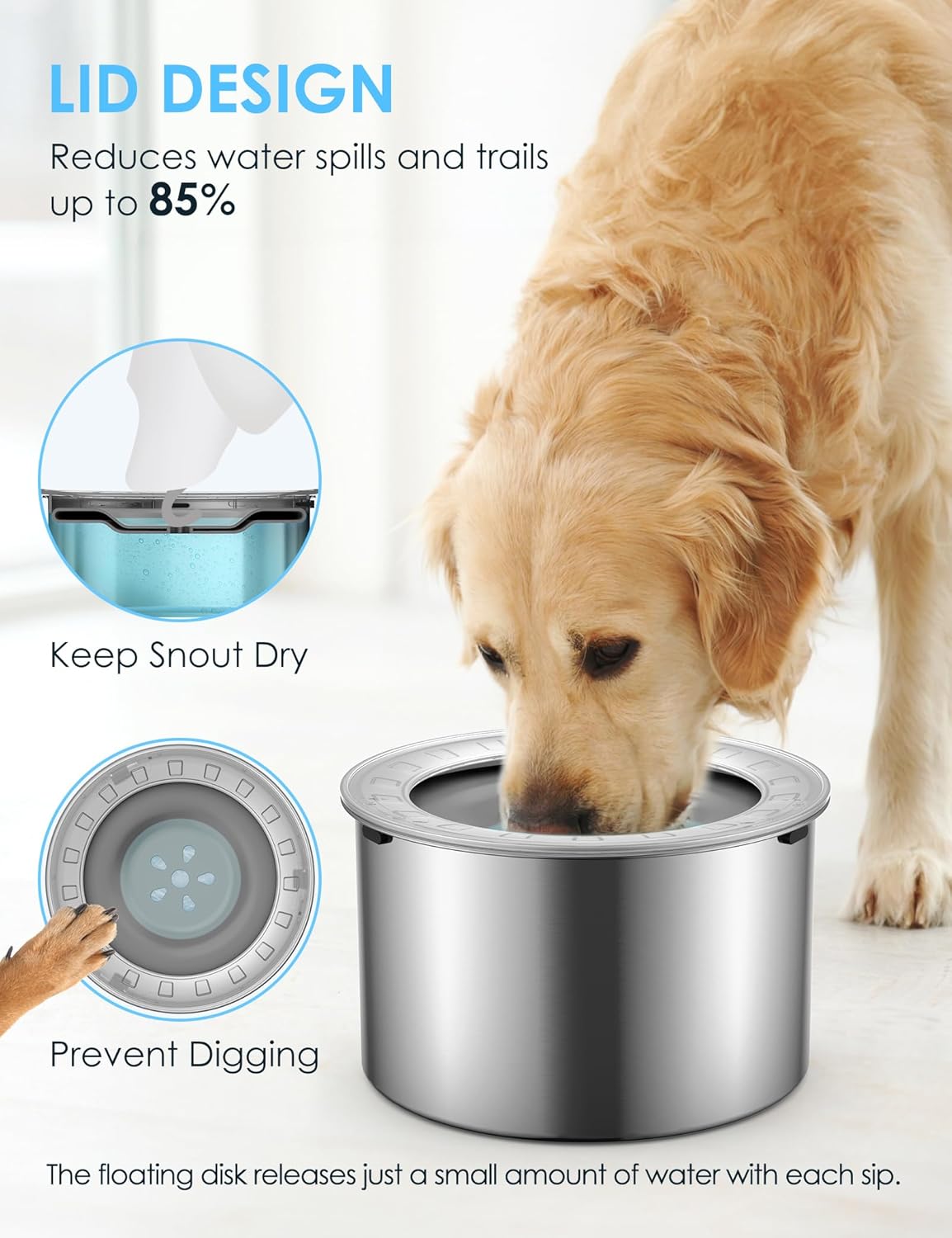 Heouvo 1 Gallon Large Dog Water Bowl No Spill,【Anti Digging Lid & Rubber Bottom】 Spill Proof Dog Bowl, Anti Splash Mess Dripless Slow Drinking Stainless Steel Water for Sloppy Messy Drinkers Car