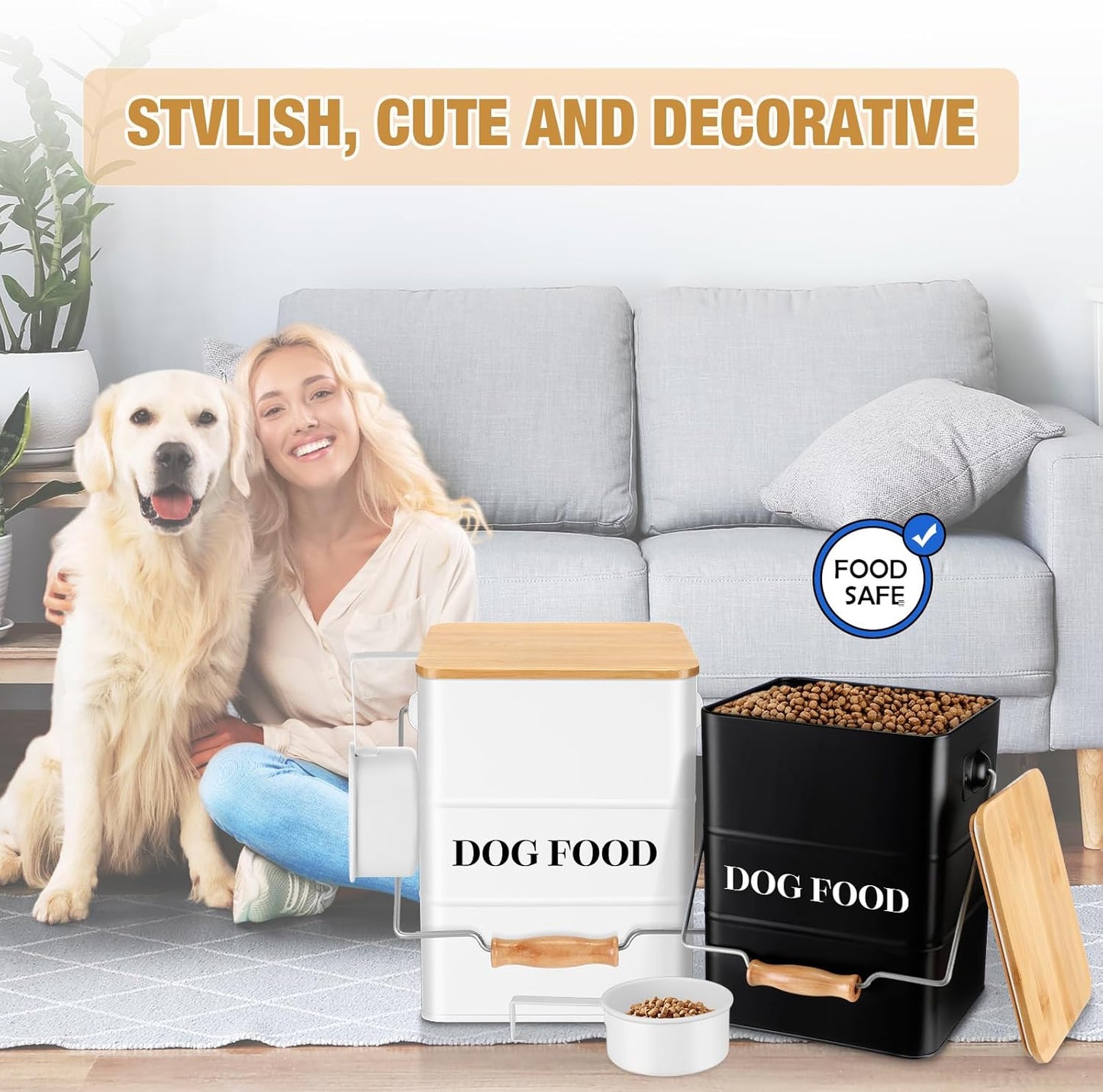 Tioncy 2 Pcs Metal Dog Food Storage Containers Total 10-14 Lbs (50 Cup) Capacity, Airtight Pet Food Canister with Bamboo Lids Scoop DIY Labels Dog Treat Storage Jars for Kitchen Counter(White)