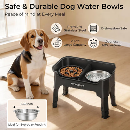 URPOWER 3-in-1 Elevated Dog Bowls - Mess Proof Double Deck 4 Height Adjustable Raised Stand with 2 Stainless Steel Food Bowls & Licking Plate for Small, Medium & Large Dogs