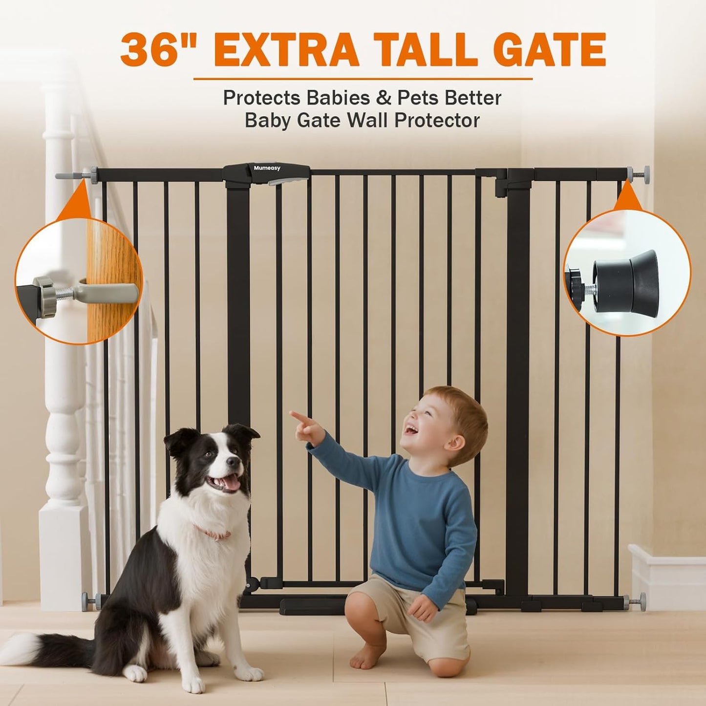 Mumeasy Baby Gate Extra Wide, 29.7-51'' Pressure Mounted Dog Gate with Walk Thru Door, Auto Close Pet Gate for House, Stairs, Doorways,Black