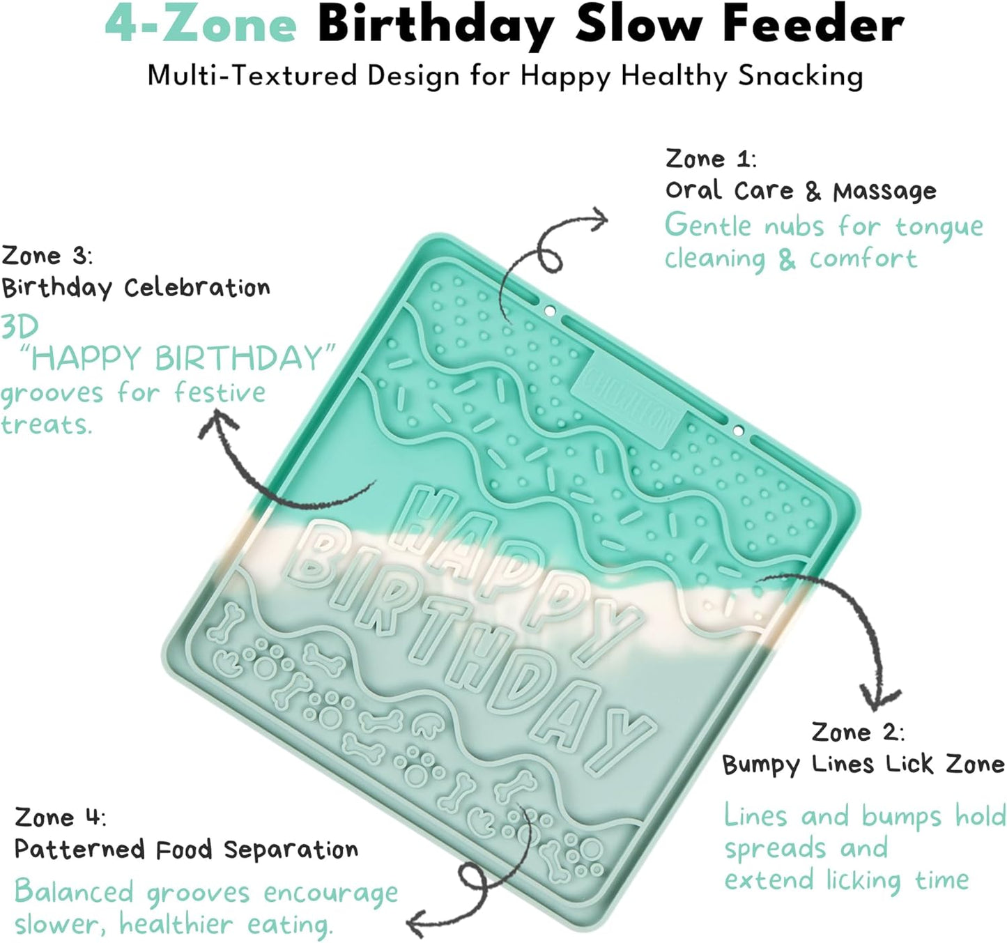 CHEWFFON Birthday Lick Mat for Dogs and Cats, Silicone Licking Pad with Suction Cups for Anxiety Relief, Interactive Slow Feeder for Dog Treats - Bathing & Grooming Distraction Toy, Seafoam Mist