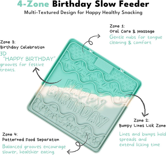 CHEWFFON Birthday Lick Mat for Dogs and Cats, Silicone Licking Pad with Suction Cups for Anxiety Relief, Interactive Slow Feeder for Dog Treats - Bathing & Grooming Distraction Toy, Seafoam Mist