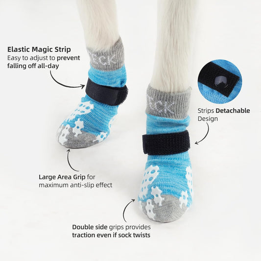 PUPTECK Anti-Slip Dog Socks with Double Sides Grips for Small Medium Large Dogs Hardwood Floors Prevents Licking, Dog Shoes for Hot Pavement Traction Control Paw Protector for Senior Dogs, Grey L