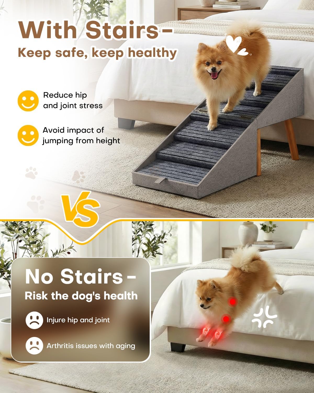 Dog Ramp for Bed & Couch, Dog Stairs 21.06 inches High for Large/Medium/Small Doggie, Foldable 2 in 1 Wooden Pet Steps for Puppy Older and Injured Dogs, Split Ottoman Design, No-Slip Surface