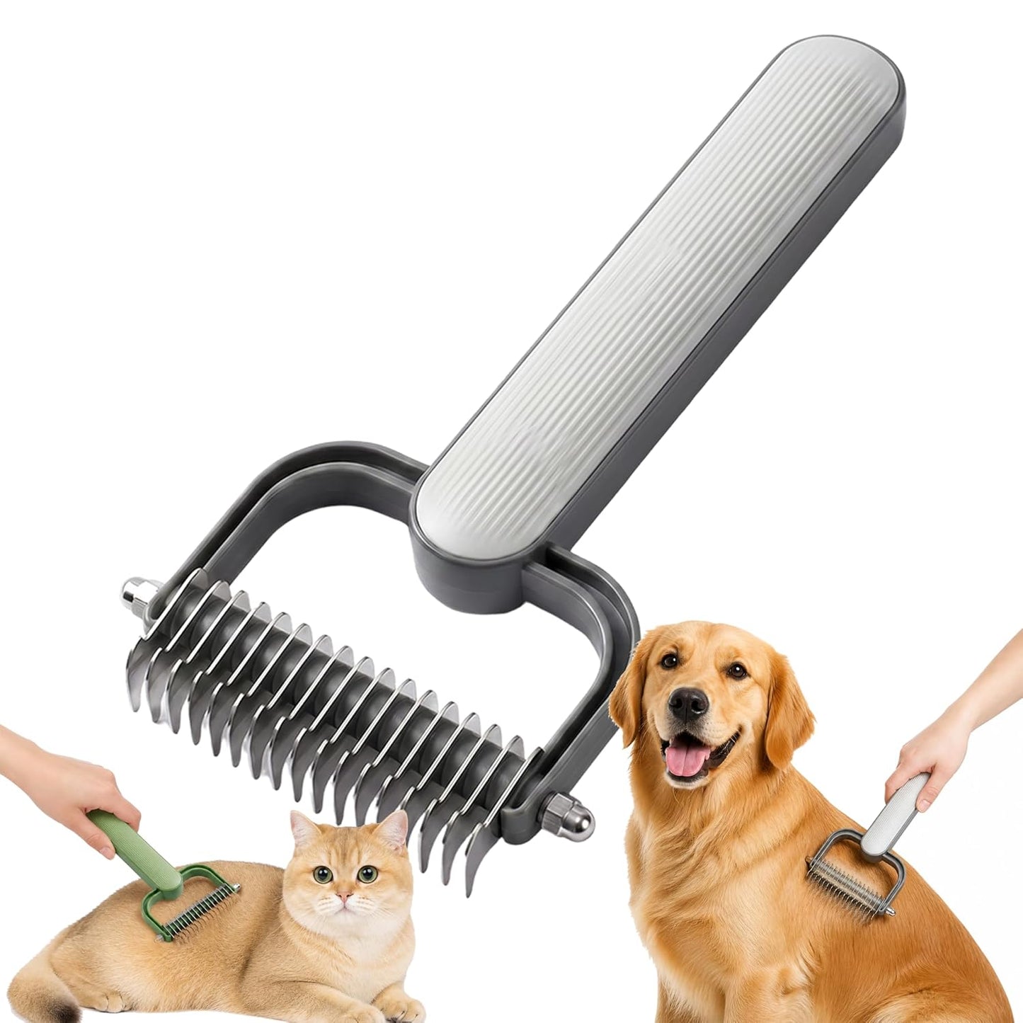Double Sided Dematting Comb for Dogs and Cats – Undercoat Rake Pet Grooming Tool for Shedding, Tangles & Matted Fur, Stainless Steel Deshedding Brush for Long Haired & Thick Coat Pets (Green & Gray)