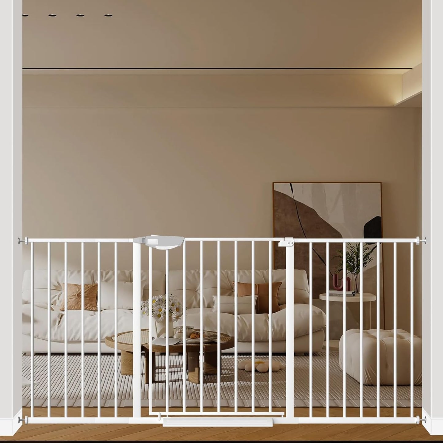 WAOWAO Triple Lock 49.21-66.54" Baby Gate Extra Wide Pressure Mounted Walk Through Swing Auto Close Safety Black Metal Dog Pet Puppy for Stairs,Doorways,Kitchen