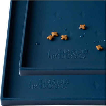 Leash Boss Dog Food Mat - Waterproof Cat & Dog Bowl Mat for Food and Water, Silicone Pet Feeding Mats for Floors, Non-Slip Placemat with High Edges, Puppy Essentials (Small: 18"x11", Navy)