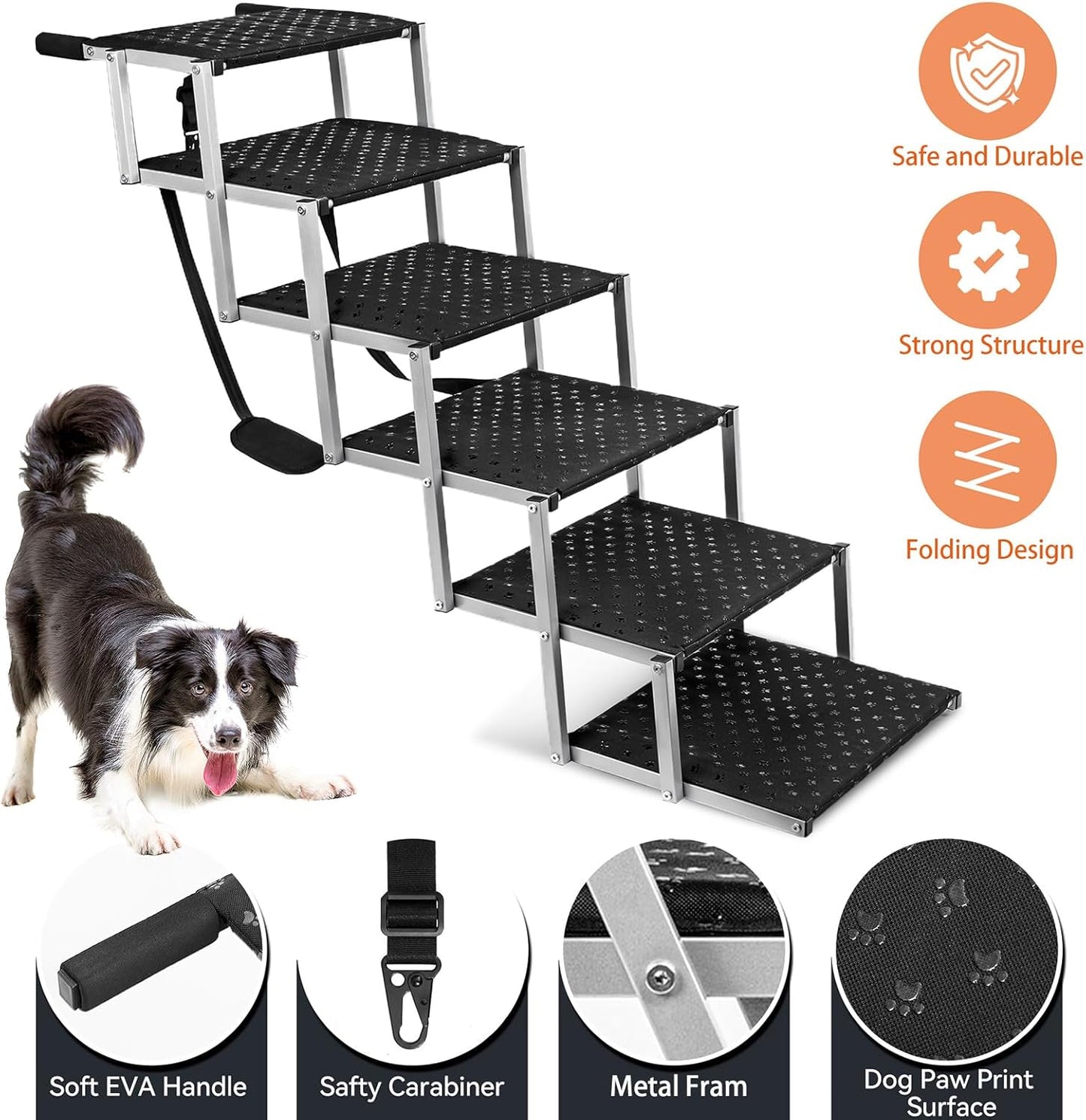 Dog Stairs for Car - Foldable Dog Ramps for Large Dogs with Non Slip Surface, Portable Dog Steps for Cars and SUV, Truck, Support Up to 200 Lbs