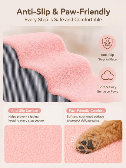 Dog Stairs & Steps, 3-Step Pet Stairs for Small Medium Dogs and Cats, Non-Slip Balanced Pet Ramp Indoor, Durable Non-Slip Fabric Cover and Foam (Pink)