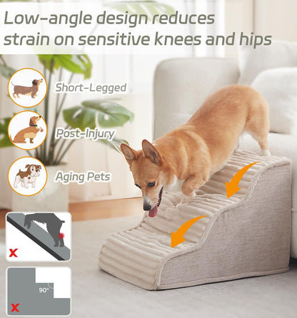 Laojin Balhen Dog Stairs for Small Dogs & Cats 15.7" H, High Density Foam Dog Steps Ramp for Couch Sofa and Chair, Pet Stairs with Non-Slip Bottom and Remove Washable Cover, 3-Step Pet Steps, Beige