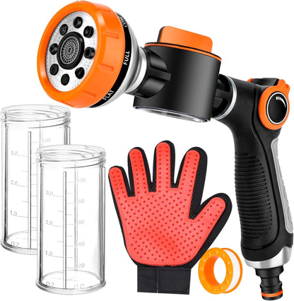 Upgrade Dog Washing Hose Attachment, 8 Spray Patterns Dog Wash with 3.5oz 100cc Soap Dispenser, Dog Washing Gloves, Dog Bath Brush, Suitable for Watering Plant, Patio, Cleaning, Showering Pet