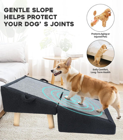 Dog Stairs for Small Dogs and Cats – 2-in-1 Dog Ramp for Couch and Low Bed, 16.5'' Foldable Wooden Pet Ramp, Sturdy Multi-Use Split Ottoman Design, Beige