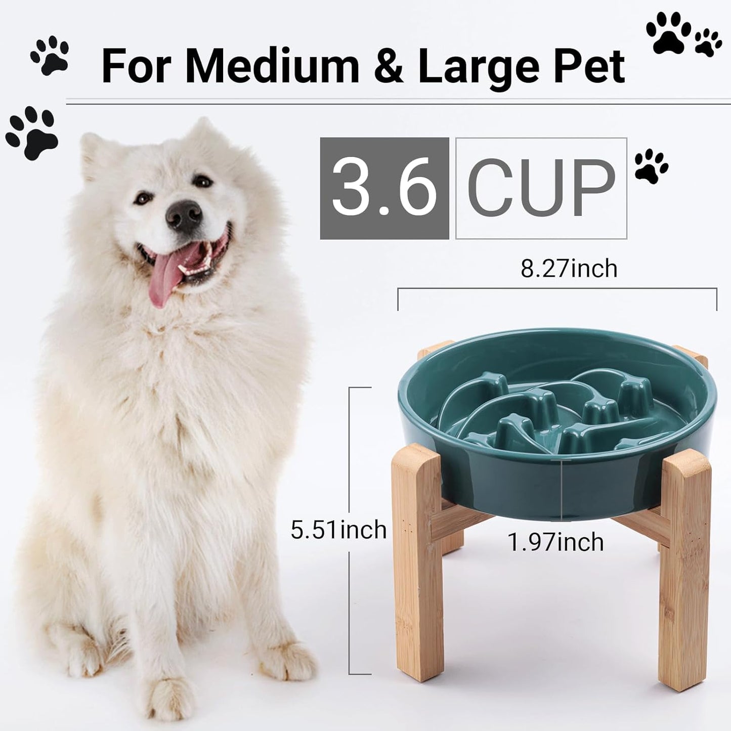 Ceramic Slow Feeder/Dog Bowl for Small Medium Dogs,Elevated/Raised Slow Feeding Dog Food Water Dish Heavy Weighted,Puzzle Eating Bowl Moder （Stars Mark-Forest Green, 8.26in）