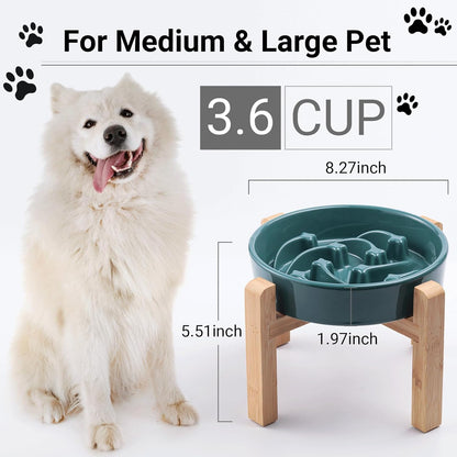 Ceramic Slow Feeder/Dog Bowl for Small Medium Dogs,Elevated/Raised Slow Feeding Dog Food Water Dish Heavy Weighted,Puzzle Eating Bowl Moder （Stars Mark-Forest Green, 8.26in）