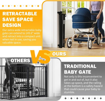 47” Extra Tall Retractable Baby Gate, Reinforced Mesh Dog Gate Extends to 71" Wide, Baby Gate for Stairs, Doorways, Hallways, Indoor and Outdoor, Black