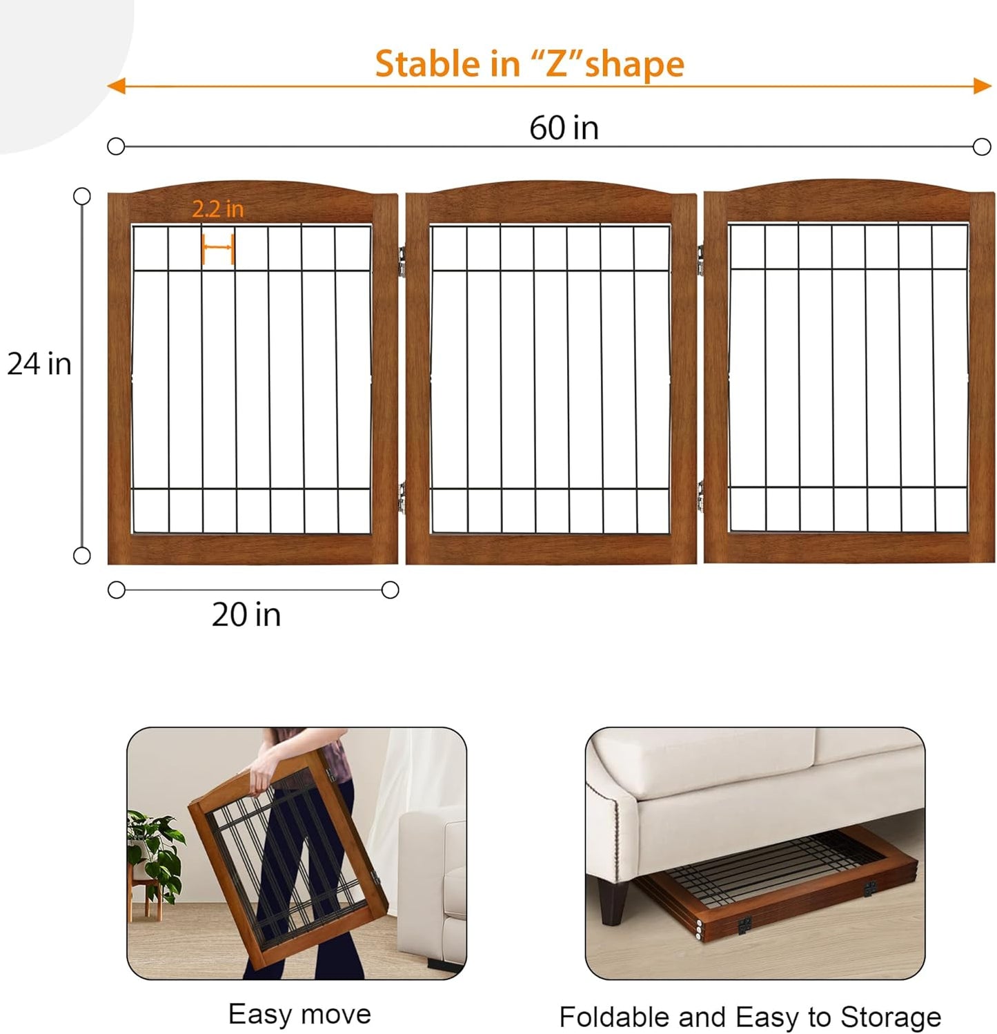 LZRS 2-Panel Freestanding Foldable Wood Dog Gate – Solid Wood & Steel Wire, Chew-Resistant Pet Barrier for Indoor Use, Ideal for Small to Medium Dogs, White