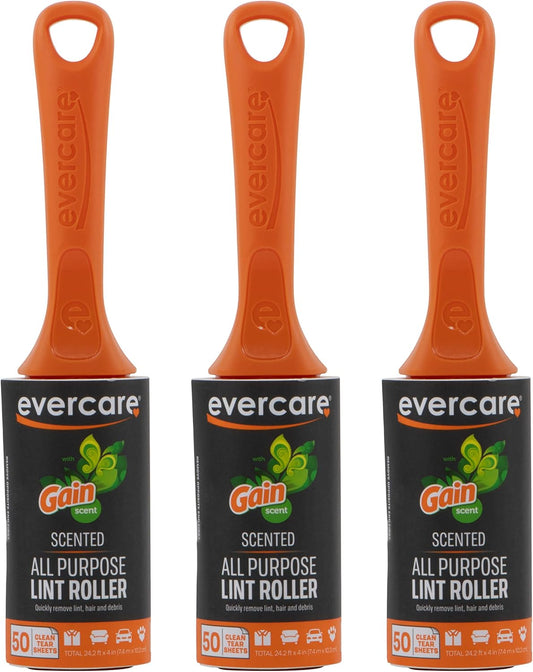 Evercare Gain Scented All-Purpose Lint Roller Brushes with 50 Sheets, Pack of 3 Manual Refillable Lint Rollers with Gain Scent (150 Sheets Total)
